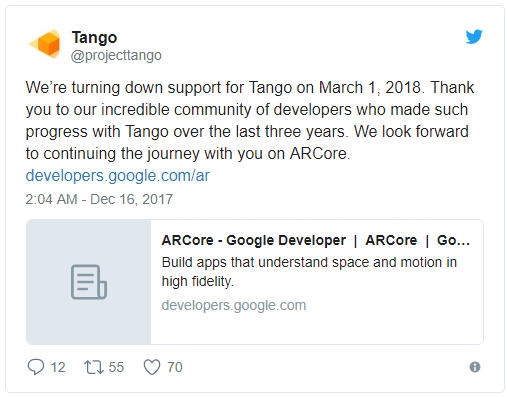 谷歌宣布2018年3月份终止Project Tango项目