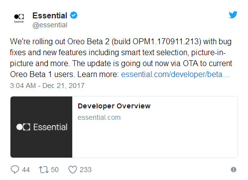 Essential Phone收到安卓Oreo Beta 2更新